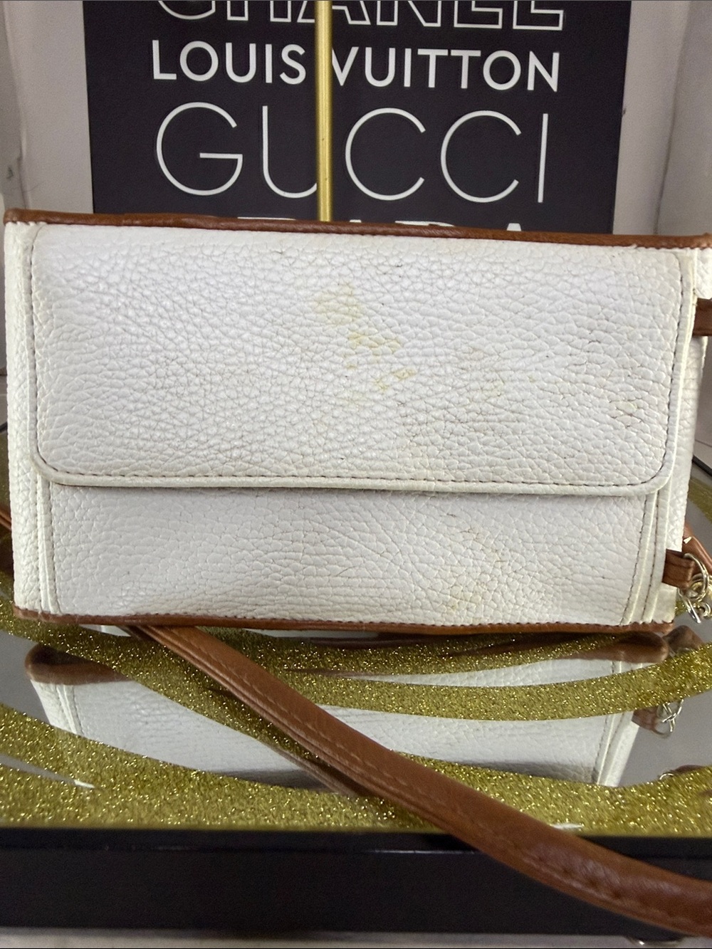 Dooney & Bourke White and Brown Pebbled Leather Crossbody Phone Pouch - Picture 6 of 7
